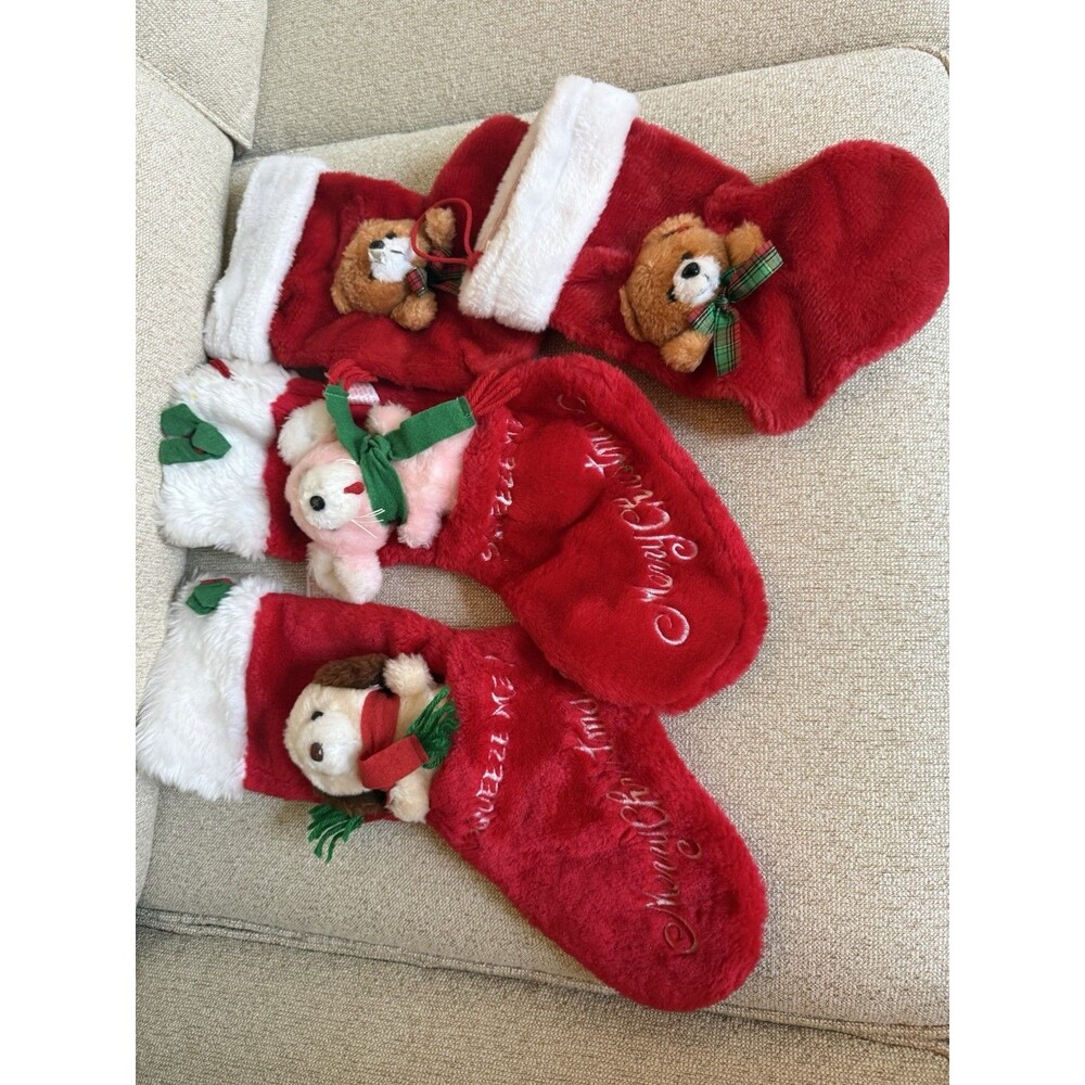 Vintage Christmas Stocking Bundle Plush Snowman Teddy Bear Dog Lot Of 4